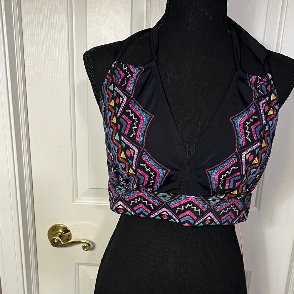 NWT - Swimsuits For All Black Halter Bikini Top with Multicolor Aztec Embroidery